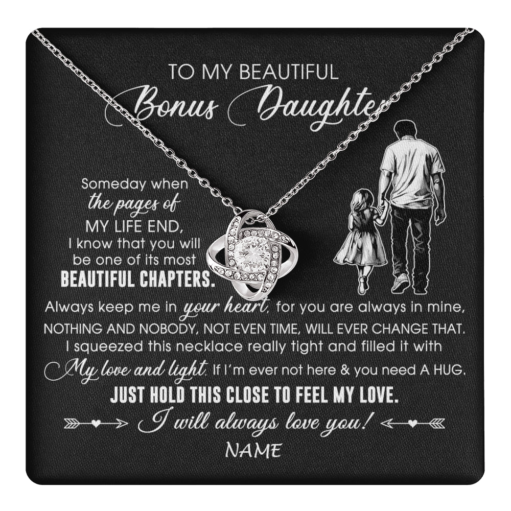 Love Knot Necklace 14K White Gold Finish | 1 | Personalized To My Beautiful Bonus Daughter Necklace From Stepdad Always Love You Stepdaugher Birthday Graduation Christmas Customized Gift Box Message Card | teecentury