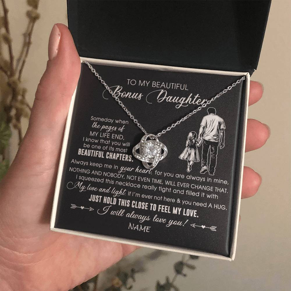 Love Knot Necklace 14K White Gold Finish | 2 | Personalized To My Beautiful Bonus Daughter Necklace From Stepdad Always Love You Stepdaugher Birthday Graduation Christmas Customized Gift Box Message Card | teecentury