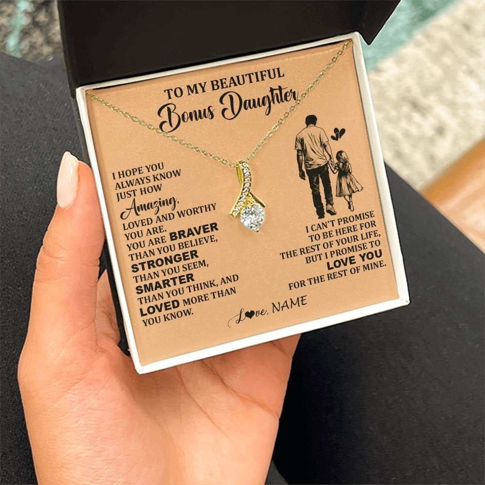 Alluring Beauty Necklace 18K Yellow Gold Finish | 2 | Personalized To My Beautiful Bonus Daughter Necklace From Stepdad Promise To Love You Stepddaughter Birthday JewelryChristmas Customized Gift Box Message Card | teecentury