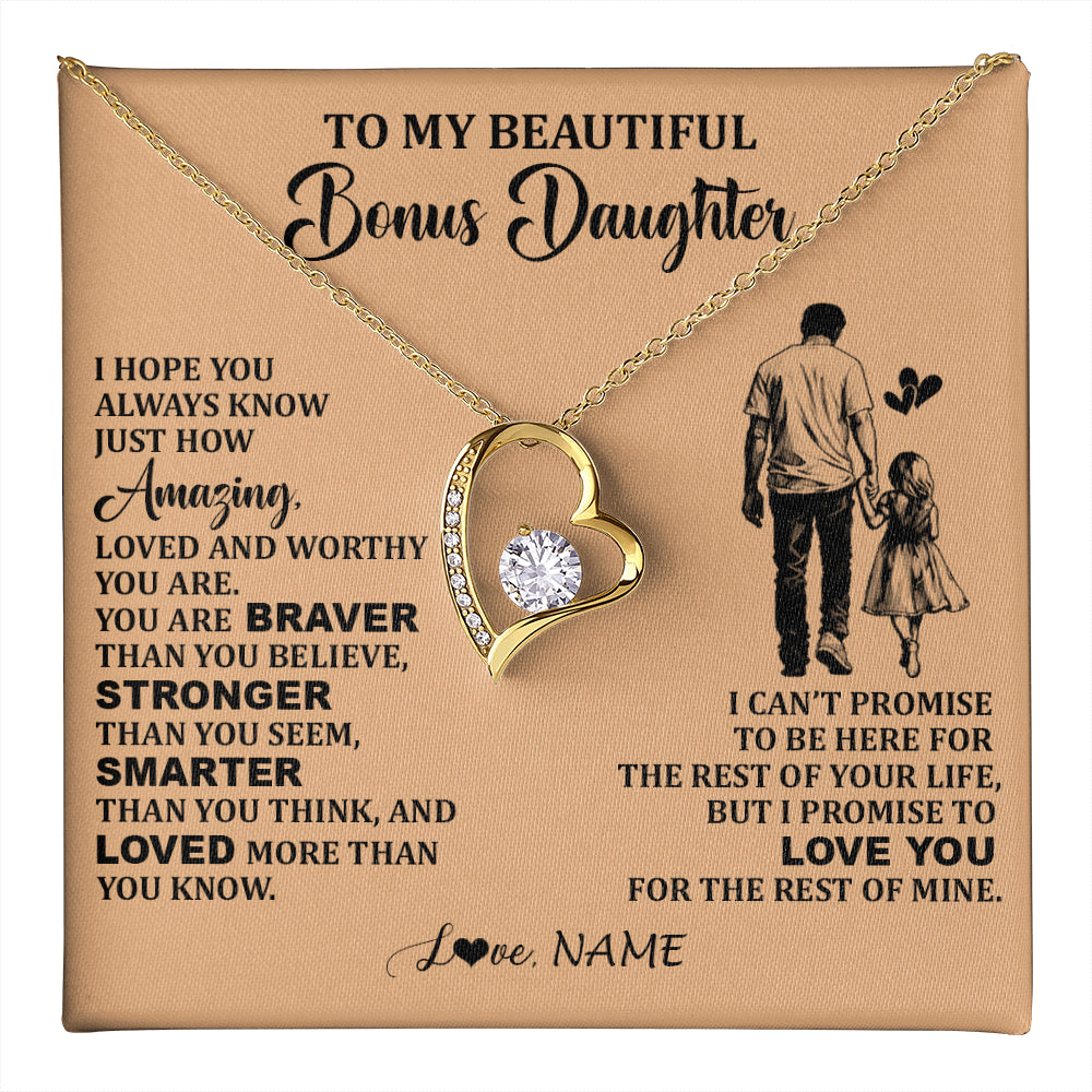 Forever Love Necklace 18K Yellow Gold Finish | 1 | Personalized To My Beautiful Bonus Daughter Necklace From Stepdad Promise To Love You Stepddaughter Birthday JewelryChristmas Customized Gift Box Message Card | teecentury