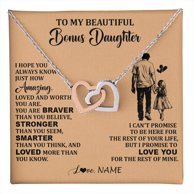 Interlocking Hearts Necklace Stainless Steel & Rose Gold Finish | 1 | Personalized To My Beautiful Bonus Daughter Necklace From Stepdad Promise To Love You Stepddaughter Birthday JewelryChristmas Customized Gift Box Message Card | teecentury