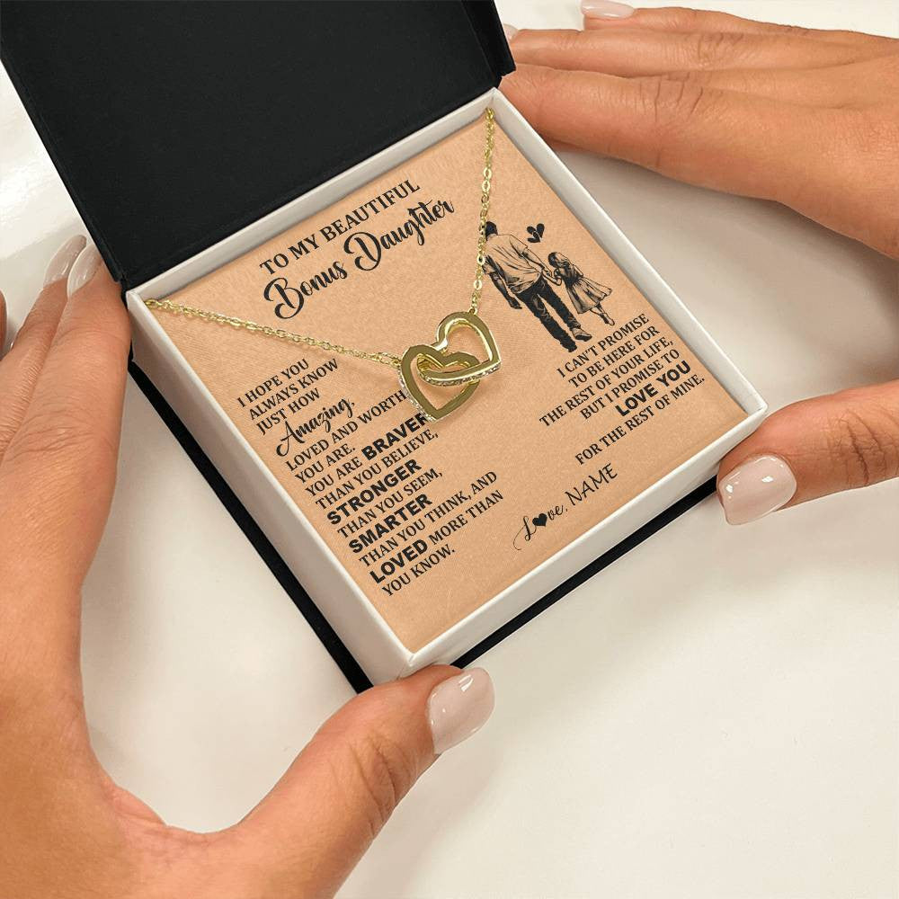 Interlocking Hearts Necklace 18K Yellow Gold Finish | 2 | Personalized To My Beautiful Bonus Daughter Necklace From Stepdad Promise To Love You Stepddaughter Birthday JewelryChristmas Customized Gift Box Message Card | teecentury