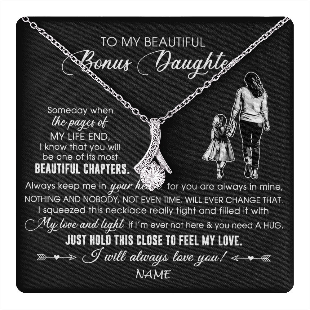 Alluring Beauty Necklace 14K White Gold Finish | 1 | Personalized To My Beautiful Bonus Daughter Necklace From Stepmom Always Love You Stepdaugher Birthday Graduation Christmas Customized Gift Box Message Card | teecentury