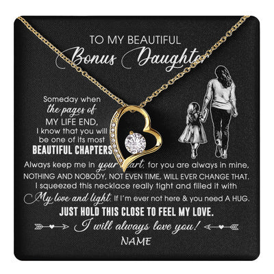 Forever Love Necklace 18K Yellow Gold Finish | 1 | Personalized To My Beautiful Bonus Daughter Necklace From Stepmom Always Love You Stepdaugher Birthday Graduation Christmas Customized Gift Box Message Card | teecentury