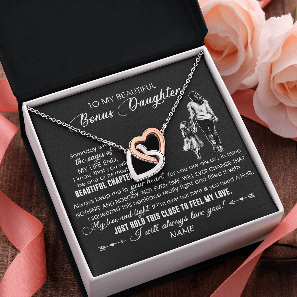 Interlocking Hearts Necklace Stainless Steel & Rose Gold Finish | 2 | Personalized To My Beautiful Bonus Daughter Necklace From Stepmom Always Love You Stepdaugher Birthday Graduation Christmas Customized Gift Box Message Card | teecentury