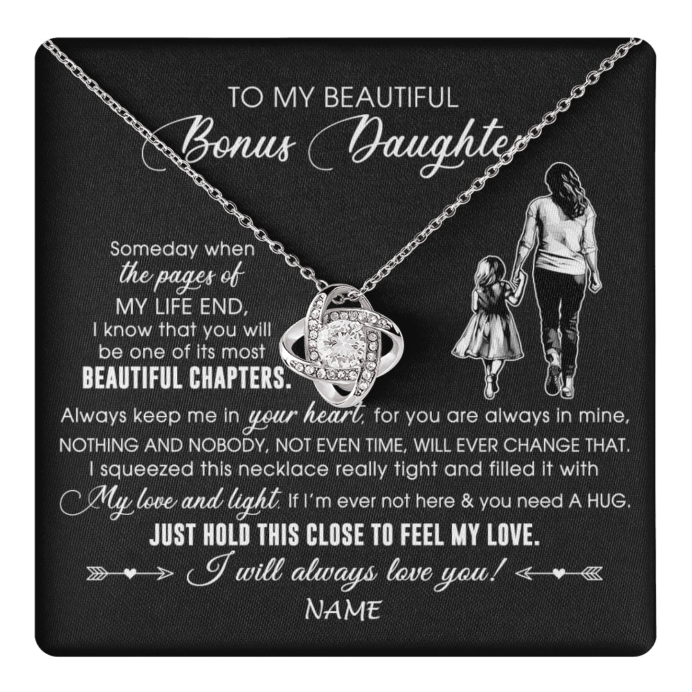 Love Knot Necklace 14K White Gold Finish | 1 | Personalized To My Beautiful Bonus Daughter Necklace From Stepmom Always Love You Stepdaugher Birthday Graduation Christmas Customized Gift Box Message Card | teecentury
