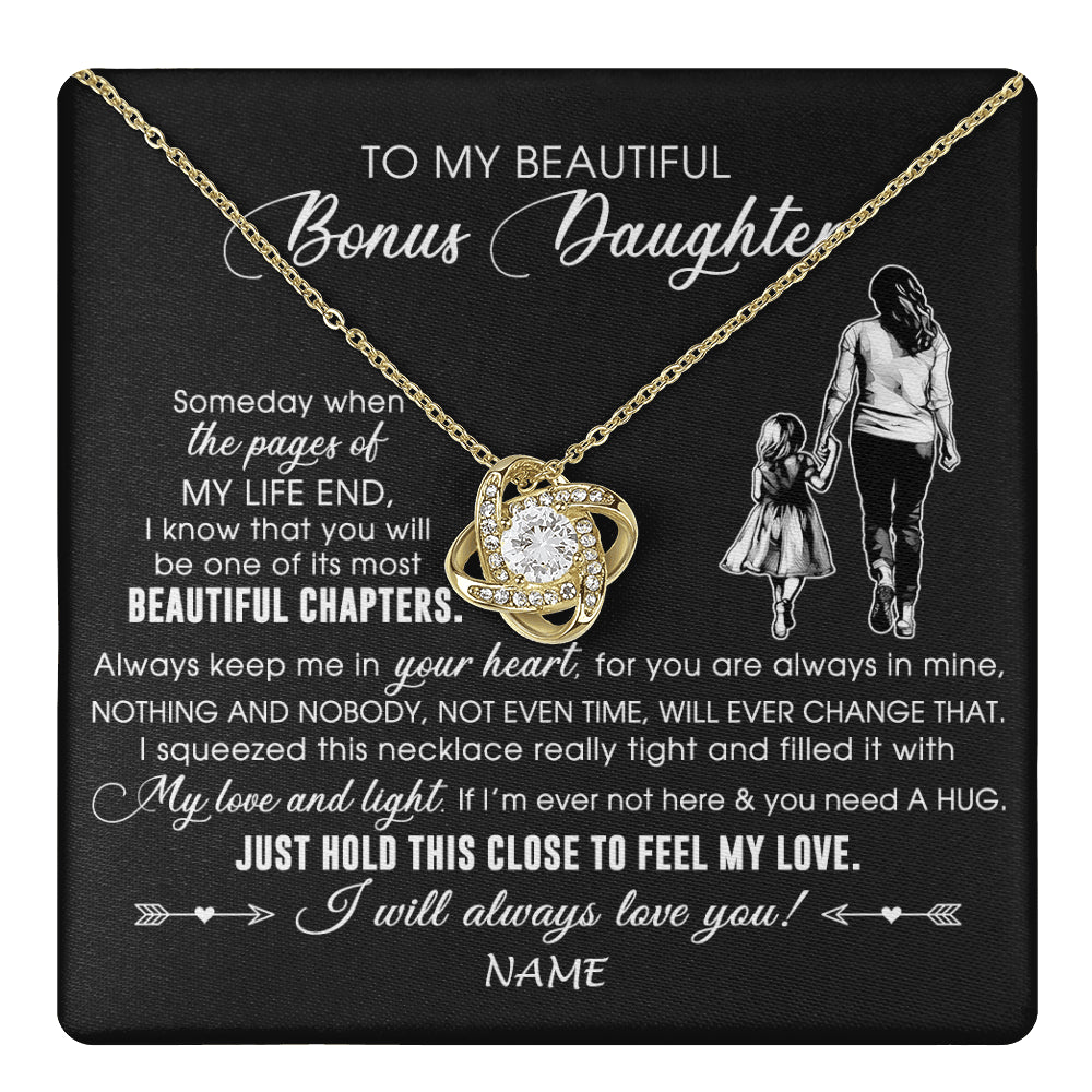 Love Knot Necklace 18K Yellow Gold Finish | 1 | Personalized To My Beautiful Bonus Daughter Necklace From Stepmom Always Love You Stepdaugher Birthday Graduation Christmas Customized Gift Box Message Card | teecentury