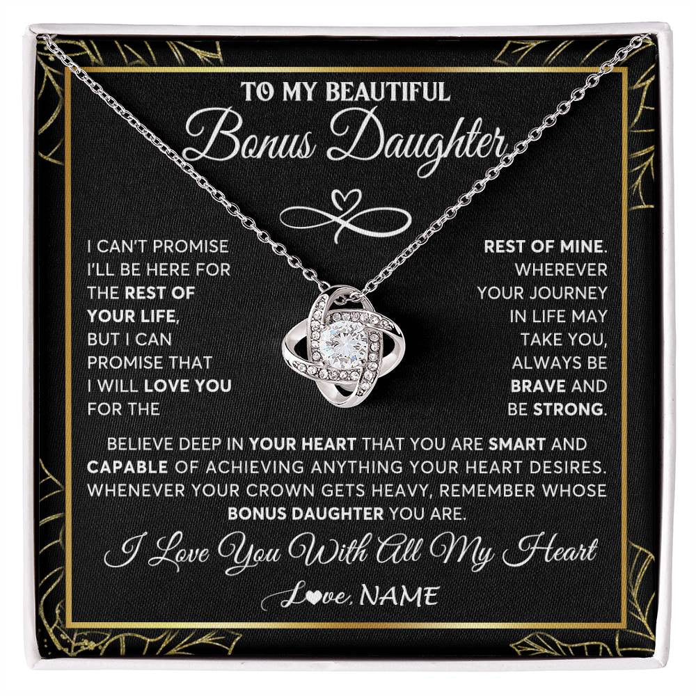 Love Knot Necklace 14K White Gold Finish | 1 | Personalized To My Beautiful Bonus Daughter Necklace From Stepmom Crown Jewelry Gifts For Stepdaughter Birthday Graduation Christmas Gift Box Message Card | teecentury