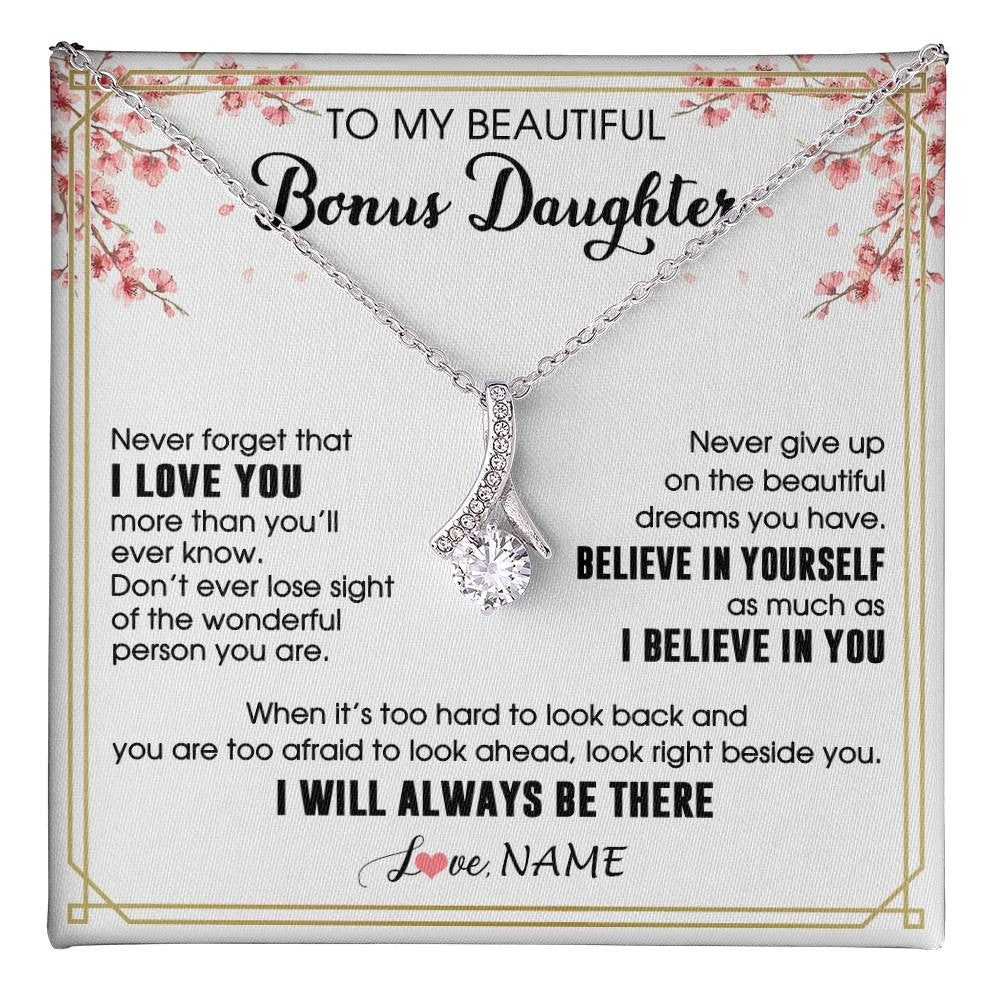 Alluring Beauty Necklace 14K White Gold Finish | 1 | Personalized To My Beautiful Bonus Daughter Necklace From Stepmom Dad I Love You Believe In You Birthday Gifts Christmas Customized Gift Box Message Card | teecentury