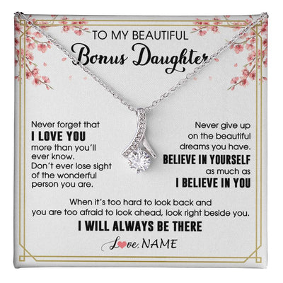 Alluring Beauty Necklace 14K White Gold Finish | 1 | Personalized To My Beautiful Bonus Daughter Necklace From Stepmom Dad I Love You Believe In You Birthday Gifts Christmas Customized Gift Box Message Card | teecentury