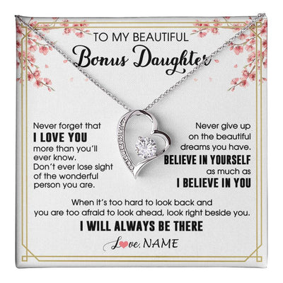 Forever Love Necklace 14K White Gold Finish | 1 | Personalized To My Beautiful Bonus Daughter Necklace From Stepmom Dad I Love You Believe In You Birthday Gifts Christmas Customized Gift Box Message Card | teecentury