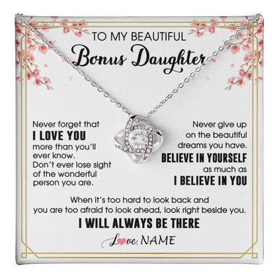 Love Knot Necklace 14K White Gold Finish | 1 | Personalized To My Beautiful Bonus Daughter Necklace From Stepmom Dad I Love You Believe In You Birthday Gifts Christmas Customized Gift Box Message Card | teecentury