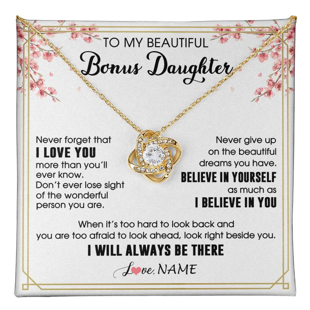 Love Knot Necklace 18K Yellow Gold Finish | 1 | Personalized To My Beautiful Bonus Daughter Necklace From Stepmom Dad I Love You Believe In You Birthday Gifts Christmas Customized Gift Box Message Card | teecentury
