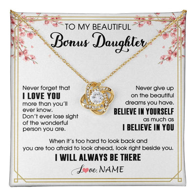 Love Knot Necklace 18K Yellow Gold Finish | 1 | Personalized To My Beautiful Bonus Daughter Necklace From Stepmom Dad I Love You Believe In You Birthday Gifts Christmas Customized Gift Box Message Card | teecentury