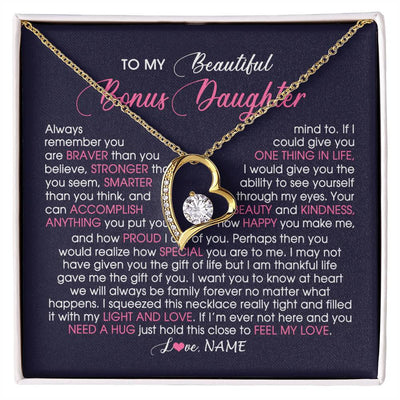 Forever Love Necklace 18K Yellow Gold Finish | Personalized To My Beautiful Bonus Daughter Necklace From Stepmom Feel My Love Stepdaughter Birthday Christmas Graduation Customized Gift Box Message Card | teecentury