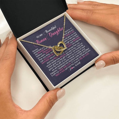 Interlocking Hearts Necklace 18K Yellow Gold Finish | Personalized To My Beautiful Bonus Daughter Necklace From Stepmom Feel My Love Stepdaughter Birthday Christmas Graduation Customized Gift Box Message Card | teecentury