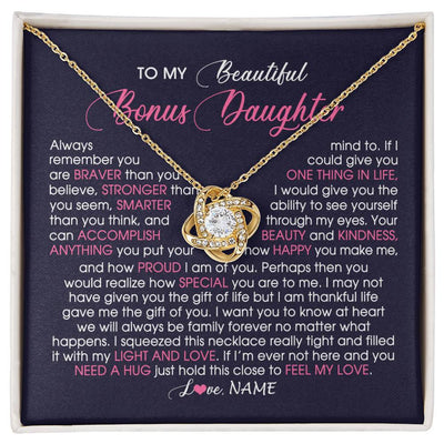 Love Knot Necklace 18K Yellow Gold Finish | Personalized To My Beautiful Bonus Daughter Necklace From Stepmom Feel My Love Stepdaughter Birthday Christmas Graduation Customized Gift Box Message Card | teecentury