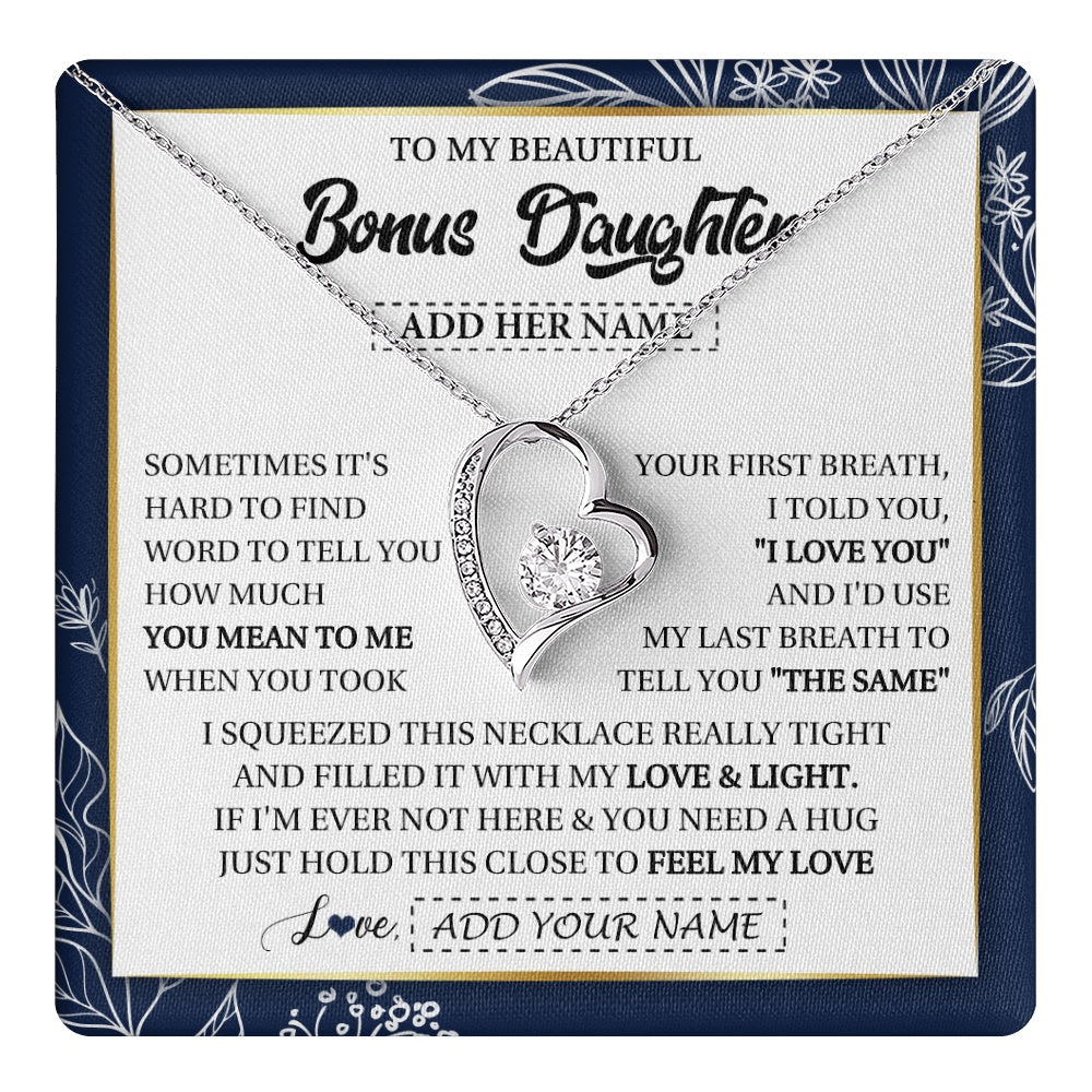 Forever Love Necklace 14K White Gold Finish | 1 | Personalized To My Beautiful Bonus Daughter Necklace From Stepmom Feel My Love Valentines Gifts For Stepdaughter Birthday Christmas Gift Box Message Card | teecentury.myshopify