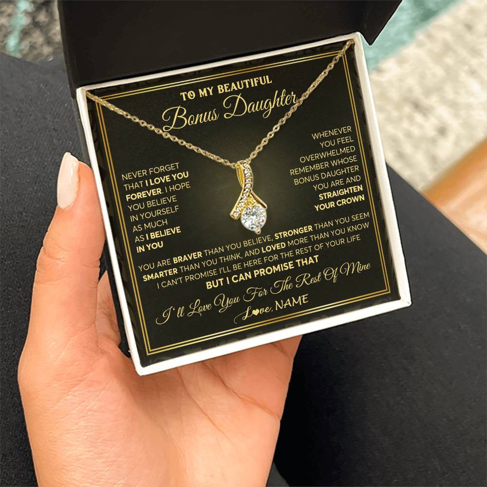 Alluring Beauty Necklace 18K Yellow Gold Finish | 2 | Personalized To My Beautiful Bonus Daughter Necklace From Stepmom I Love You Jewelry Gifts For Stepdaughter Birthday Graduation Christmas Gift Box Message Card | teecentury