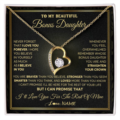 Forever Love Necklace 18K Yellow Gold Finish | 1 | Personalized To My Beautiful Bonus Daughter Necklace From Stepmom I Love You Jewelry Gifts For Stepdaughter Birthday Graduation Christmas Gift Box Message Card | teecentury
