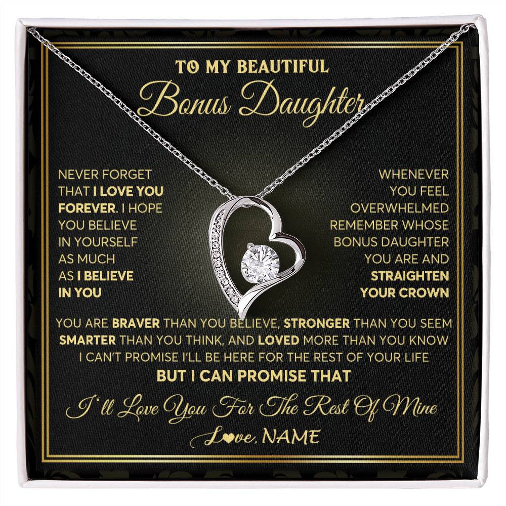 Forever Love Necklace 14K White Gold Finish | 1 | Personalized To My Beautiful Bonus Daughter Necklace From Stepmom I Love You Jewelry Gifts For Stepdaughter Birthday Graduation Christmas Gift Box Message Card | teecentury