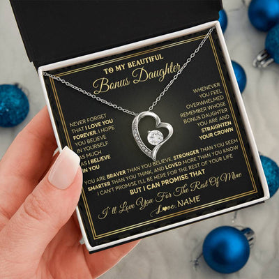 Forever Love Necklace 14K White Gold Finish | 2 | Personalized To My Beautiful Bonus Daughter Necklace From Stepmom I Love You Jewelry Gifts For Stepdaughter Birthday Graduation Christmas Gift Box Message Card | teecentury