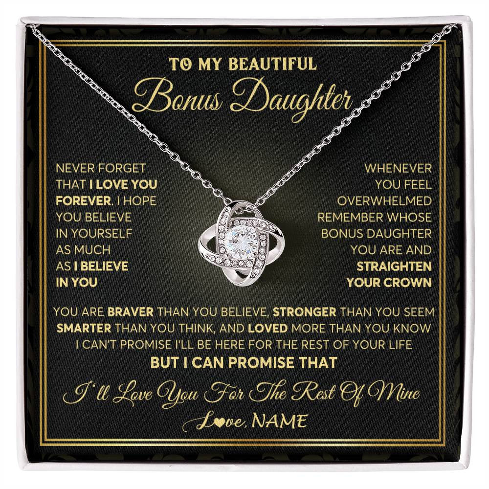 Love Knot Necklace 14K White Gold Finish | 1 | Personalized To My Beautiful Bonus Daughter Necklace From Stepmom I Love You Jewelry Gifts For Stepdaughter Birthday Graduation Christmas Gift Box Message Card | teecentury