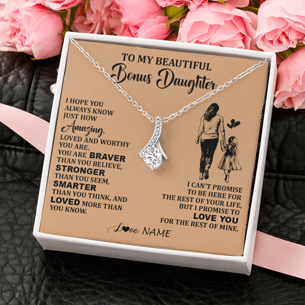 Alluring Beauty Necklace 14K White Gold Finish | 2 | Personalized To My Beautiful Bonus Daughter Necklace From Stepmom Promise To Love You Stepddaughter Birthday Jewelry Christmas Customized Gift Box Message Card | teecentury