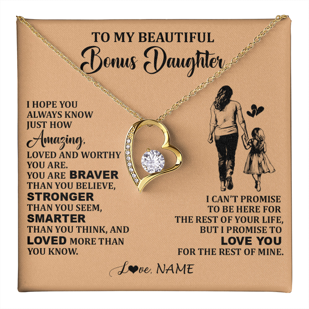 Forever Love Necklace 18K Yellow Gold Finish | 1 | Personalized To My Beautiful Bonus Daughter Necklace From Stepmom Promise To Love You Stepddaughter Birthday Jewelry Christmas Customized Gift Box Message Card | teecentury