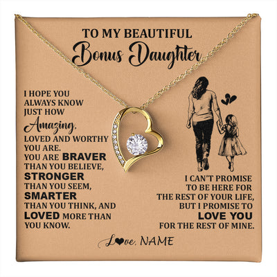 Forever Love Necklace 18K Yellow Gold Finish | 1 | Personalized To My Beautiful Bonus Daughter Necklace From Stepmom Promise To Love You Stepddaughter Birthday Jewelry Christmas Customized Gift Box Message Card | teecentury