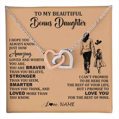Interlocking Hearts Necklace Stainless Steel & Rose Gold Finish | 1 | Personalized To My Beautiful Bonus Daughter Necklace From Stepmom Promise To Love You Stepddaughter Birthday Jewelry Christmas Customized Gift Box Message Card | teecentury