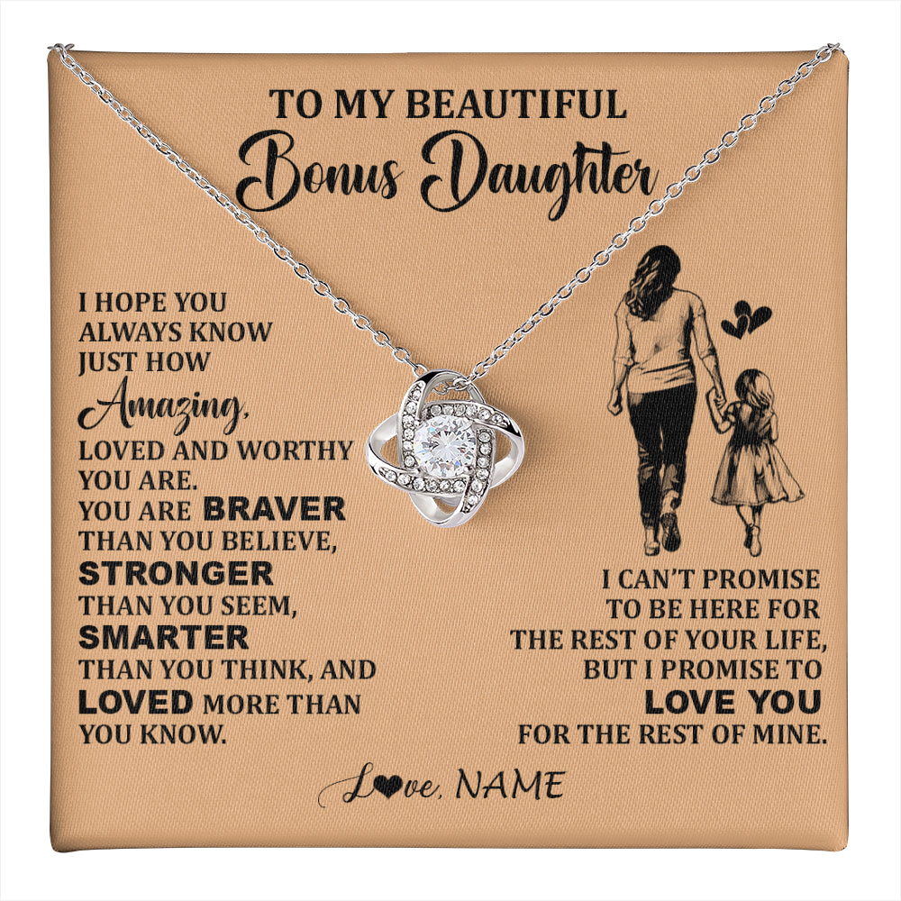Love Knot Necklace 14K White Gold Finish | 1 | Personalized To My Beautiful Bonus Daughter Necklace From Stepmom Promise To Love You Stepddaughter Birthday Jewelry Christmas Customized Gift Box Message Card | teecentury
