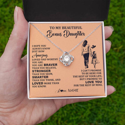Love Knot Necklace 14K White Gold Finish | 2 | Personalized To My Beautiful Bonus Daughter Necklace From Stepmom Promise To Love You Stepddaughter Birthday Jewelry Christmas Customized Gift Box Message Card | teecentury