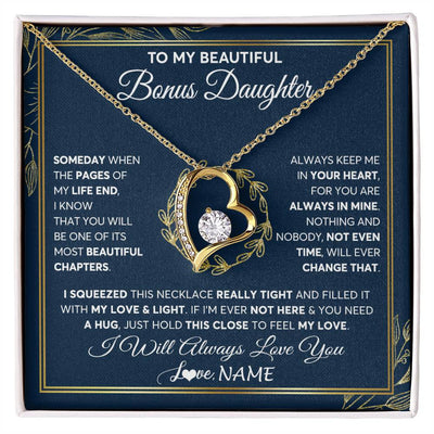 Forever Love Necklace 18K Yellow Gold Finish | Personalized To My Beautiful Bonus Daughter Necklace From Stepmom Someday Stepdaughter Birthday Christmas Jewelry Charm Customized Gift Box Message Card | teecentury