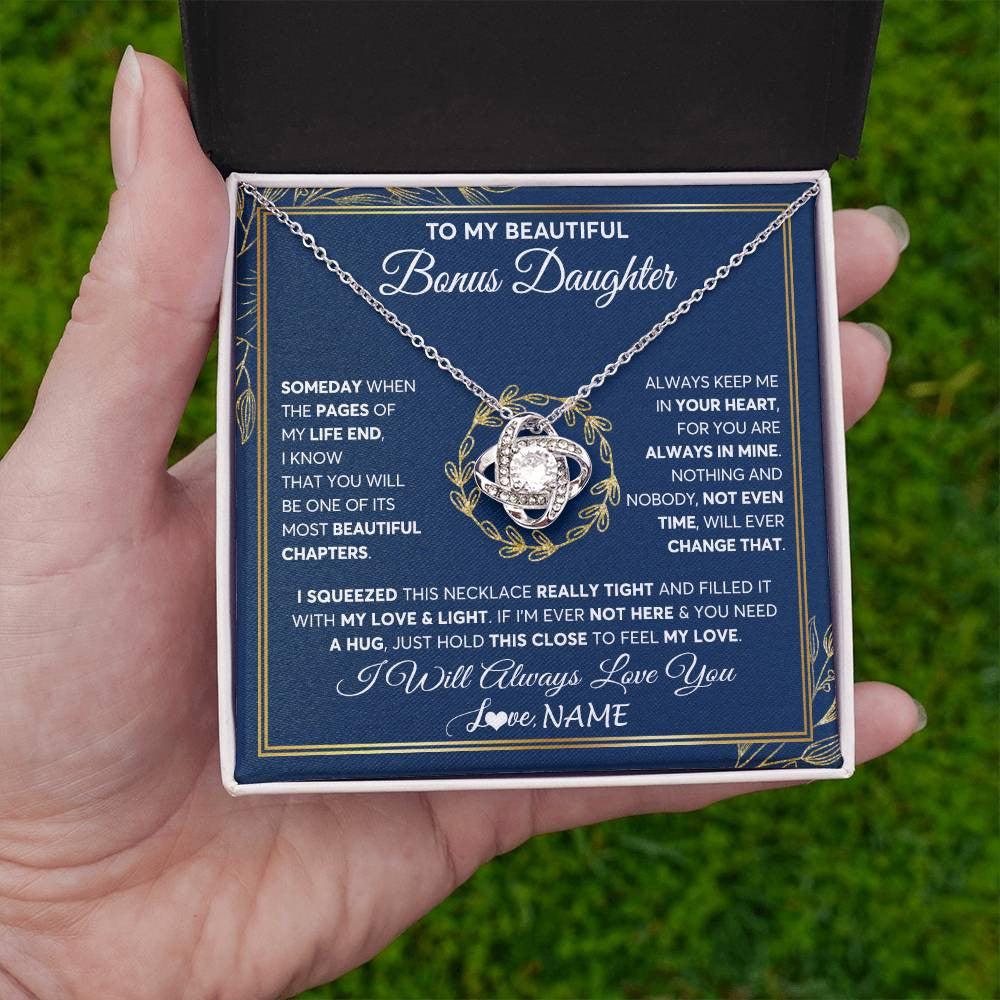 Love Knot Necklace 14K White Gold Finish | Personalized To My Beautiful Bonus Daughter Necklace From Stepmom Someday Stepdaughter Birthday Christmas Jewelry Charm Customized Gift Box Message Card | teecentury
