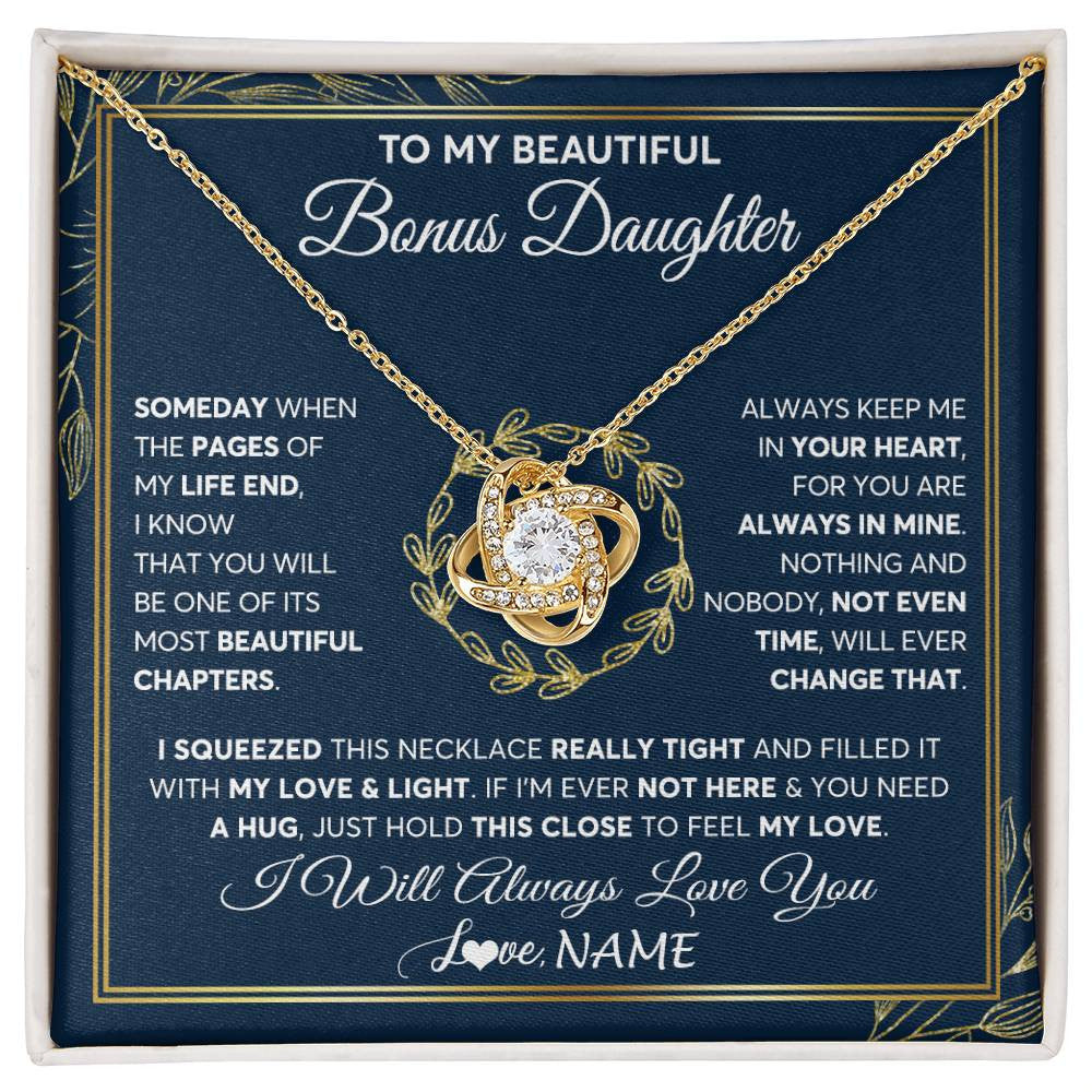 Love Knot Necklace 18K Yellow Gold Finish | Personalized To My Beautiful Bonus Daughter Necklace From Stepmom Someday Stepdaughter Birthday Christmas Jewelry Charm Customized Gift Box Message Card | teecentury