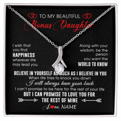 Alluring Beauty Necklace 14K White Gold Finish | Personalized To My Beautiful Bonus Daughter Necklace From Stepmom Stepdad Happiness Wherever Life Birthday Graduation Christmas Customized Gift Box Message Card | teecentury