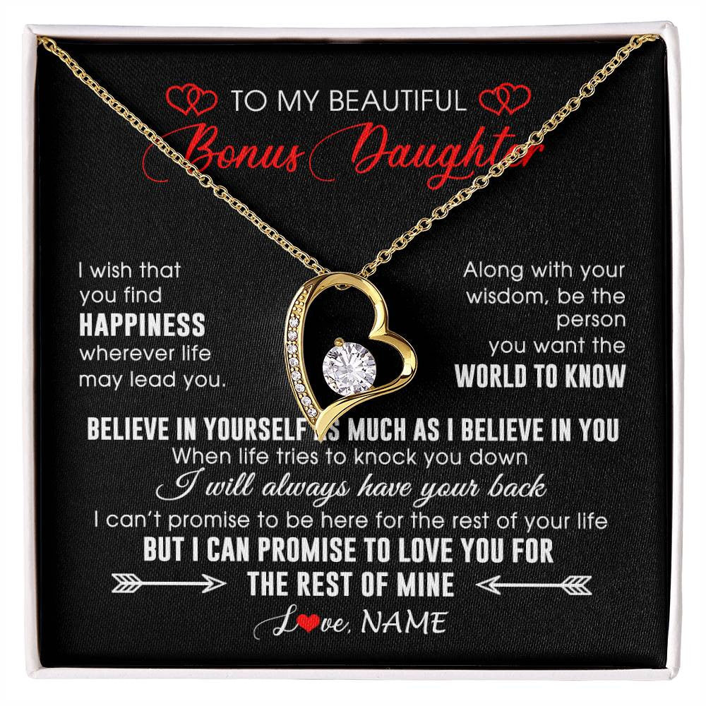 Forever Love Necklace 18K Yellow Gold Finish | Personalized To My Beautiful Bonus Daughter Necklace From Stepmom Stepdad Happiness Wherever Life Birthday Graduation Christmas Customized Gift Box Message Card | teecentury