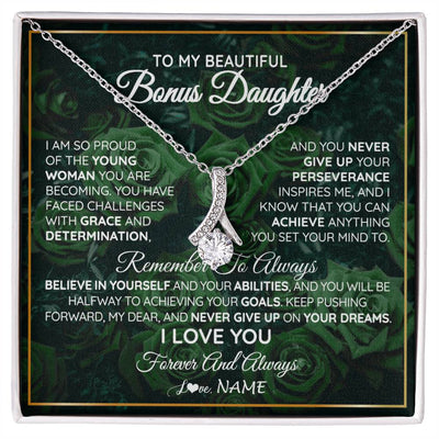 Alluring Beauty Necklace 14K White Gold Finish | Personalized To My Beautiful Bonus Daughter Necklace From Stepmom Stepdad Never Give Up Birthday Graduation Motivational Quote Customized Gift Box Message Card | teecentury