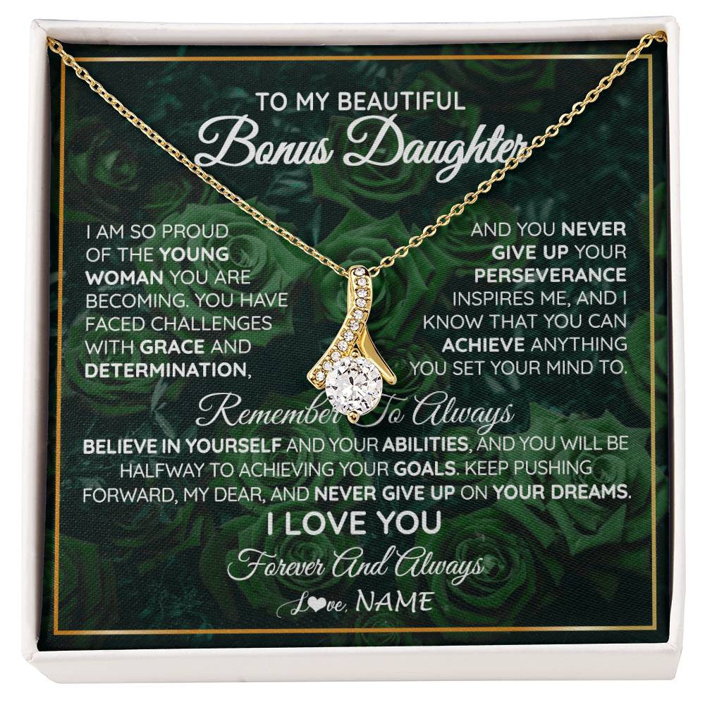 Alluring Beauty Necklace 18K Yellow Gold Finish | Personalized To My Beautiful Bonus Daughter Necklace From Stepmom Stepdad Never Give Up Birthday Graduation Motivational Quote Customized Gift Box Message Card | teecentury