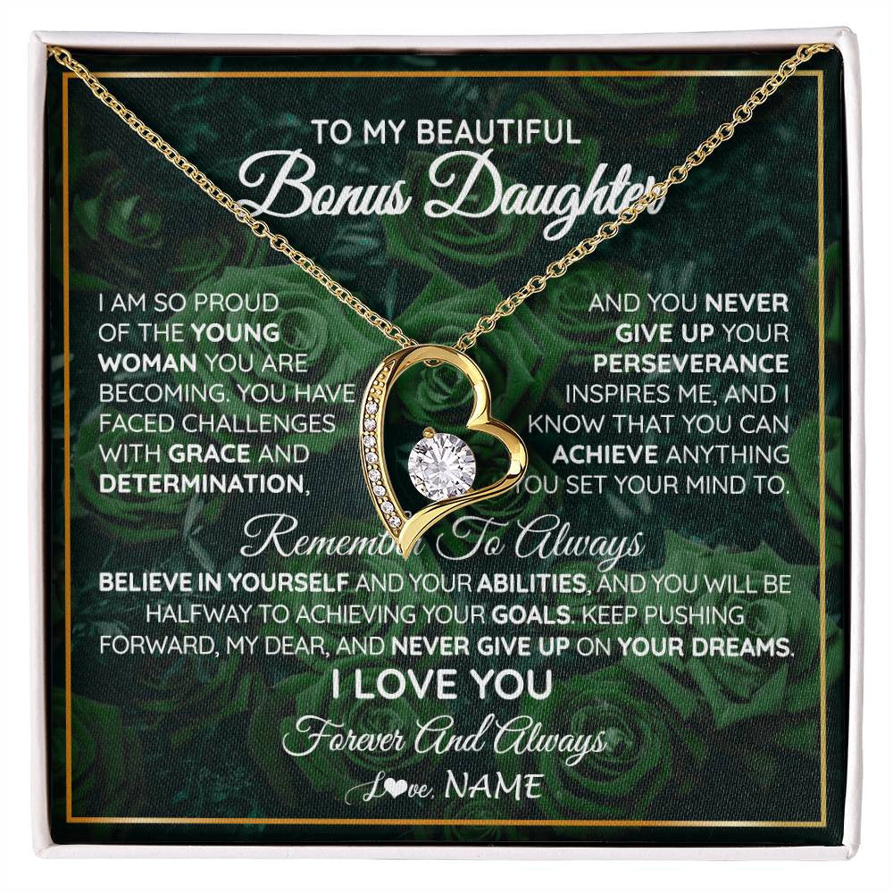 Forever Love Necklace 18K Yellow Gold Finish | Personalized To My Beautiful Bonus Daughter Necklace From Stepmom Stepdad Never Give Up Birthday Graduation Motivational Quote Customized Gift Box Message Card | teecentury