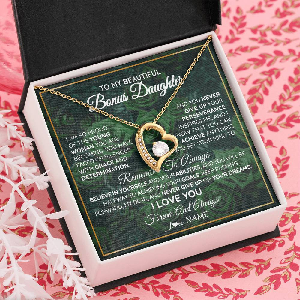 Forever Love Necklace 18K Yellow Gold Finish | Personalized To My Beautiful Bonus Daughter Necklace From Stepmom Stepdad Never Give Up Birthday Graduation Motivational Quote Customized Gift Box Message Card | teecentury