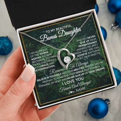 Forever Love Necklace 14K White Gold Finish | Personalized To My Beautiful Bonus Daughter Necklace From Stepmom Stepdad Never Give Up Birthday Graduation Motivational Quote Customized Gift Box Message Card | teecentury