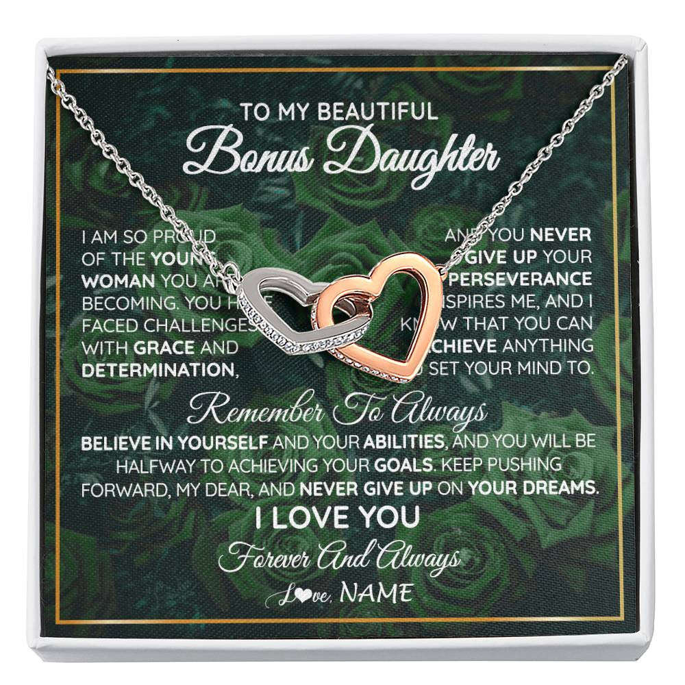 Interlocking Hearts Necklace Stainless Steel & Rose Gold Finish | Personalized To My Beautiful Bonus Daughter Necklace From Stepmom Stepdad Never Give Up Birthday Graduation Motivational Quote Customized Gift Box Message Card | teecentury