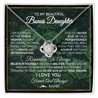 Love Knot Necklace 14K White Gold Finish | Personalized To My Beautiful Bonus Daughter Necklace From Stepmom Stepdad Never Give Up Birthday Graduation Motivational Quote Customized Gift Box Message Card | teecentury
