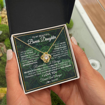 Love Knot Necklace 18K Yellow Gold Finish | Personalized To My Beautiful Bonus Daughter Necklace From Stepmom Stepdad Never Give Up Birthday Graduation Motivational Quote Customized Gift Box Message Card | teecentury