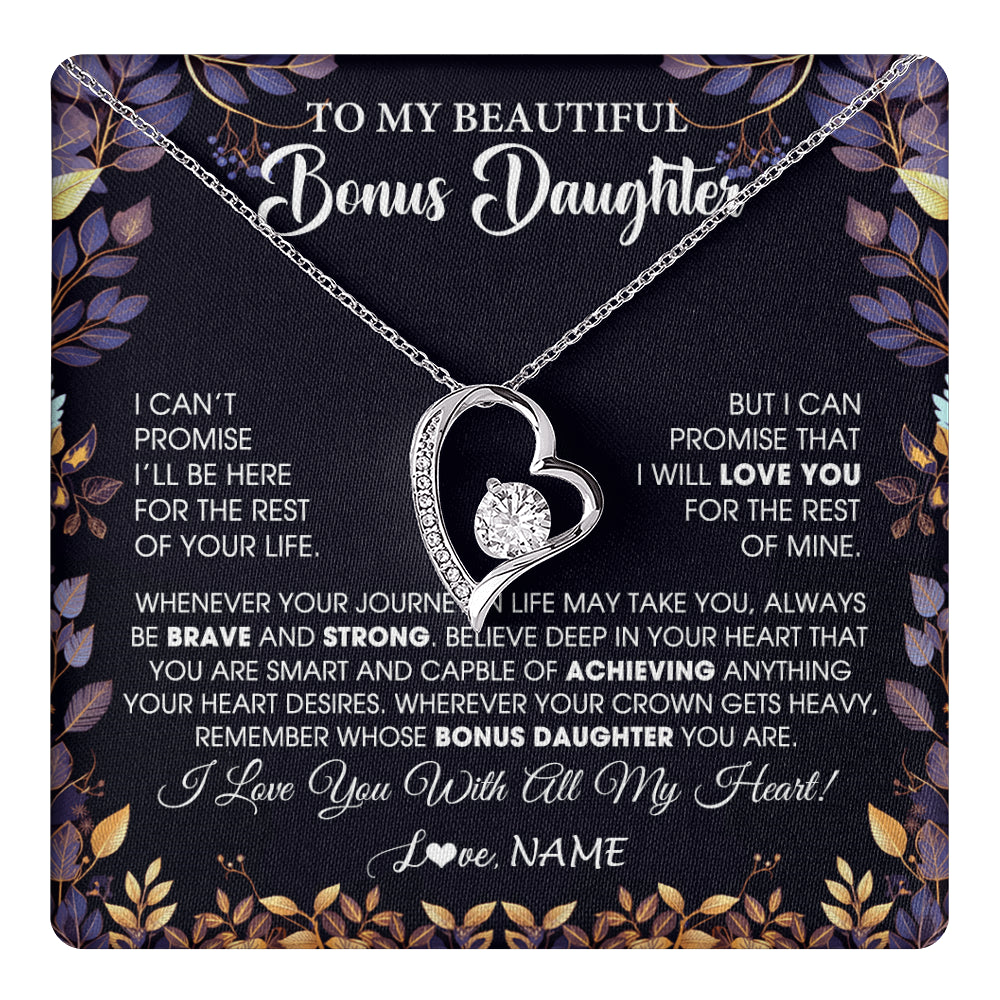 Forever Love Necklace 14K White Gold Finish | 1 | Personalized To My Beautiful Bonus Daughter Necklace From Stepmom Stepdad Promise Necklace Birthday Gift For Stepddaughter Graduation Christmas Message Card | teecentury