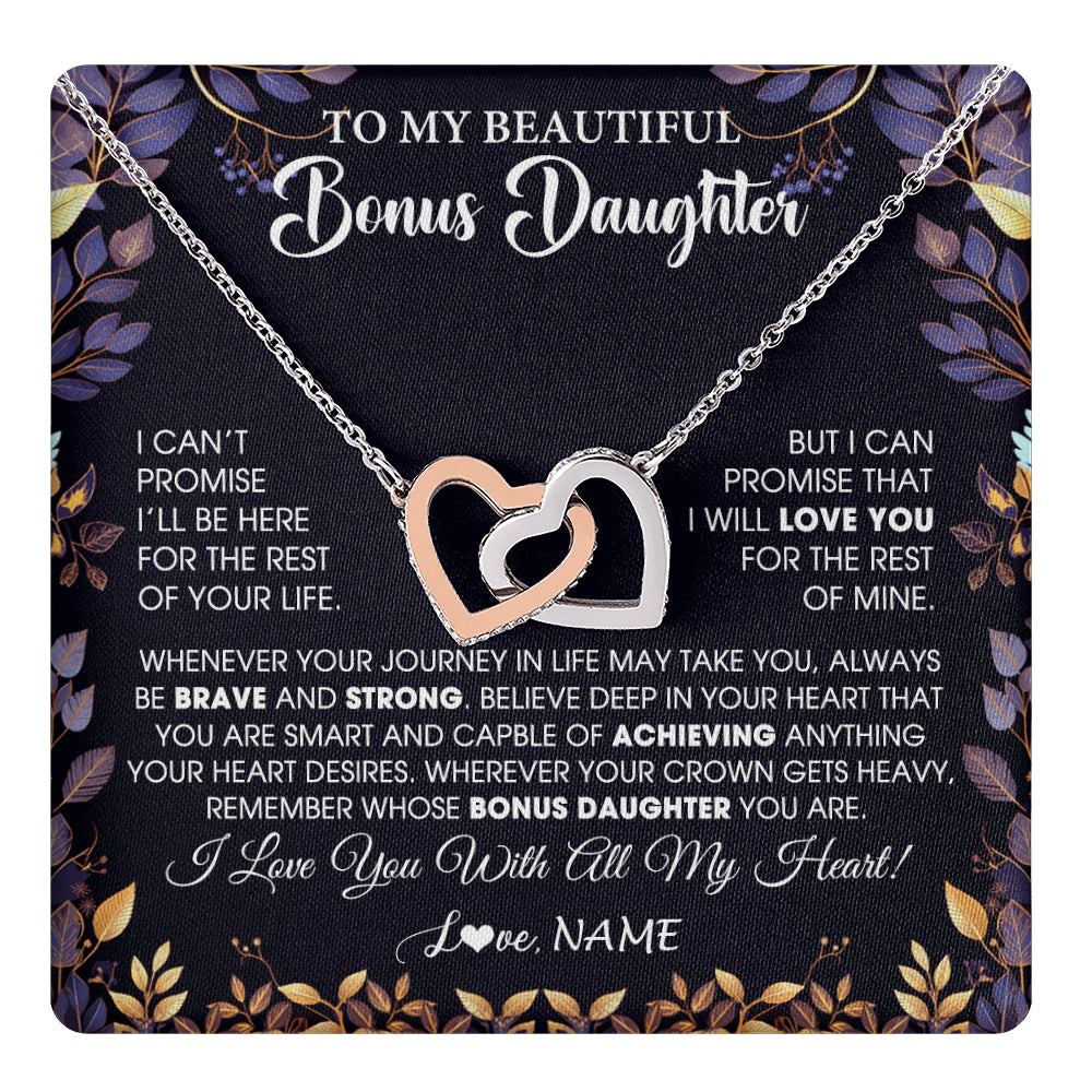 Interlocking Hearts Necklace Stainless Steel & Rose Gold Finish | 1 | Personalized To My Beautiful Bonus Daughter Necklace From Stepmom Stepdad Promise Necklace Birthday Gift For Stepddaughter Graduation Christmas Message Card | teecentury