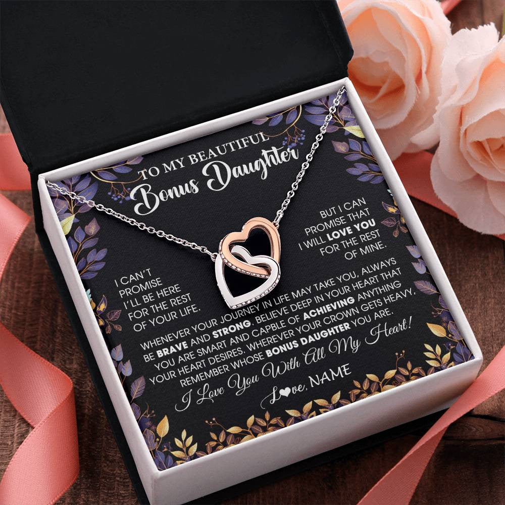Interlocking Hearts Necklace Stainless Steel & Rose Gold Finish | 2 | Personalized To My Beautiful Bonus Daughter Necklace From Stepmom Stepdad Promise Necklace Birthday Gift For Stepddaughter Graduation Christmas Message Card | teecentury
