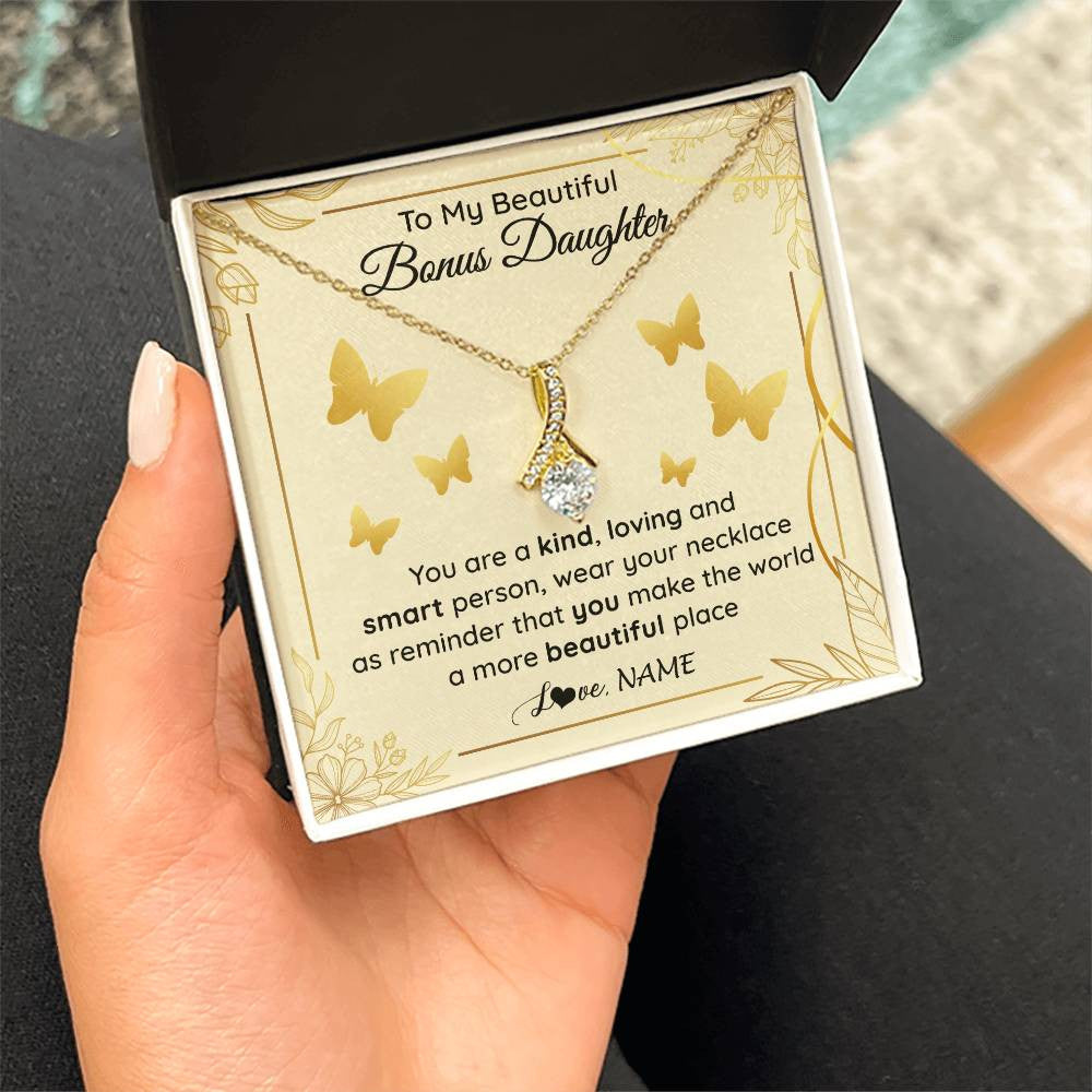 Alluring Beauty Necklace 18K Yellow Gold Finish | 2 | Personalized To My Beautiful Bonus Daughter Necklace From Stepmom You Are A Kind Loving Stepddaughter Birthday Gifts Christmas Customized Gift Box Message Card | teecentury